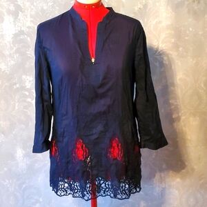 MASSIMO DUTTI navy embroidered top